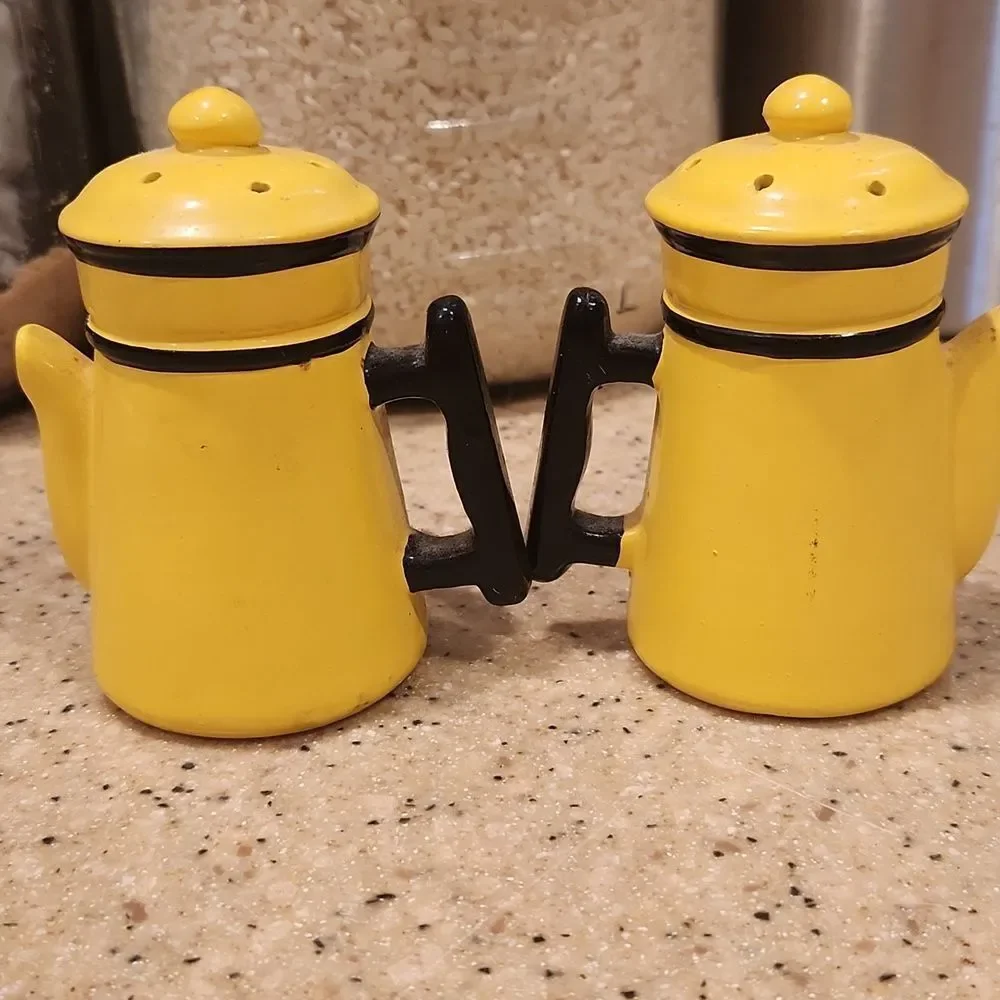Vintage Yellow Ceramic Coffee Pot Salt and Pepper Shaker Set Made in Japan